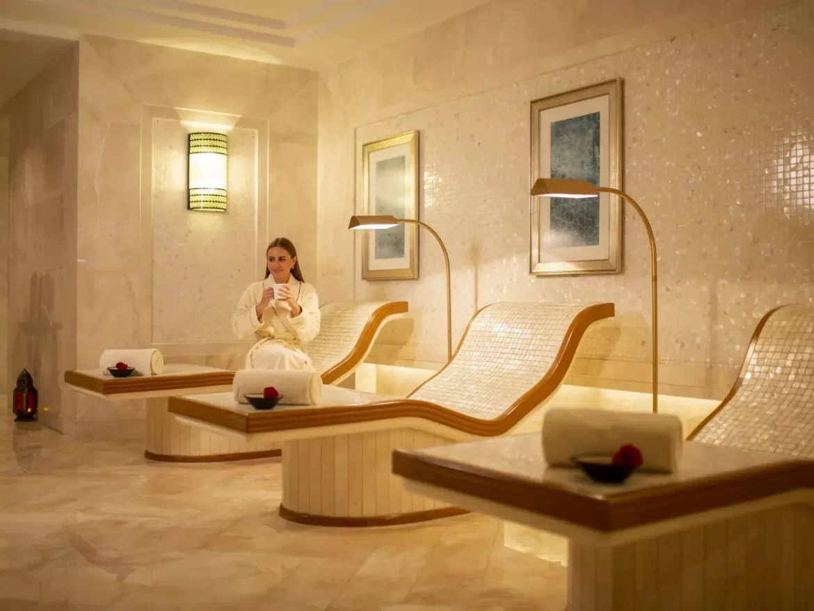 luxury spa relaxation lounge in dubai with heated loungers and calm wellness atmosphere