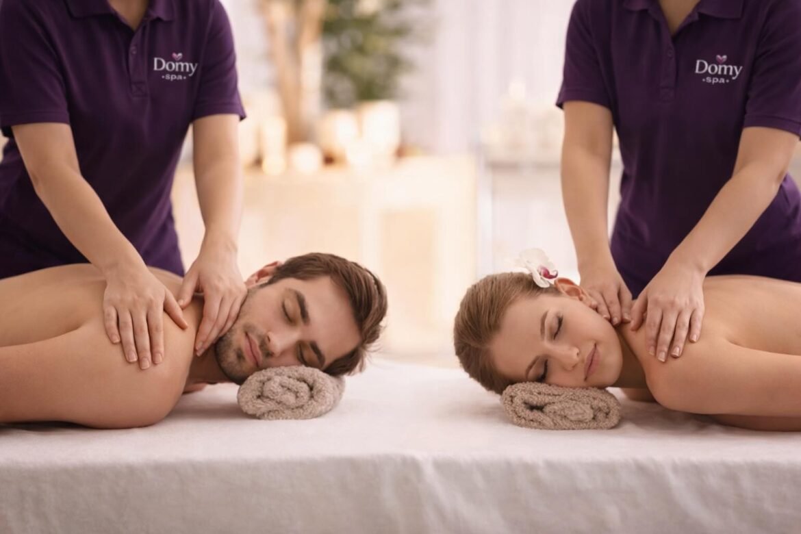 couple enjoying a relaxing spa massage together in dubai with professional therapists in a private setting