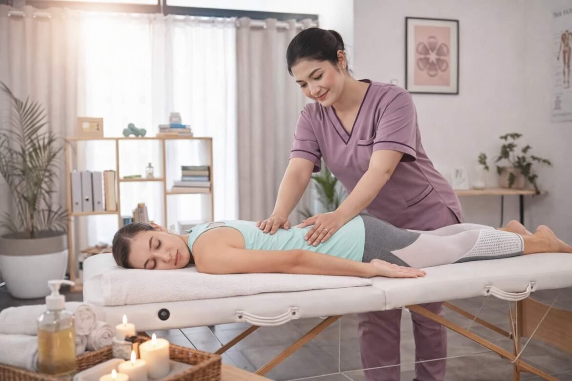 Professional home massage session focused on relaxation and recovery in a modern Dubai setting