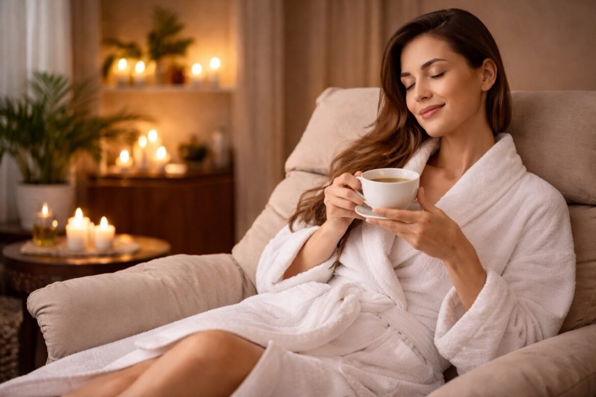 Relaxing after a private spa session while enjoying a warm drink in a calm wellness environment