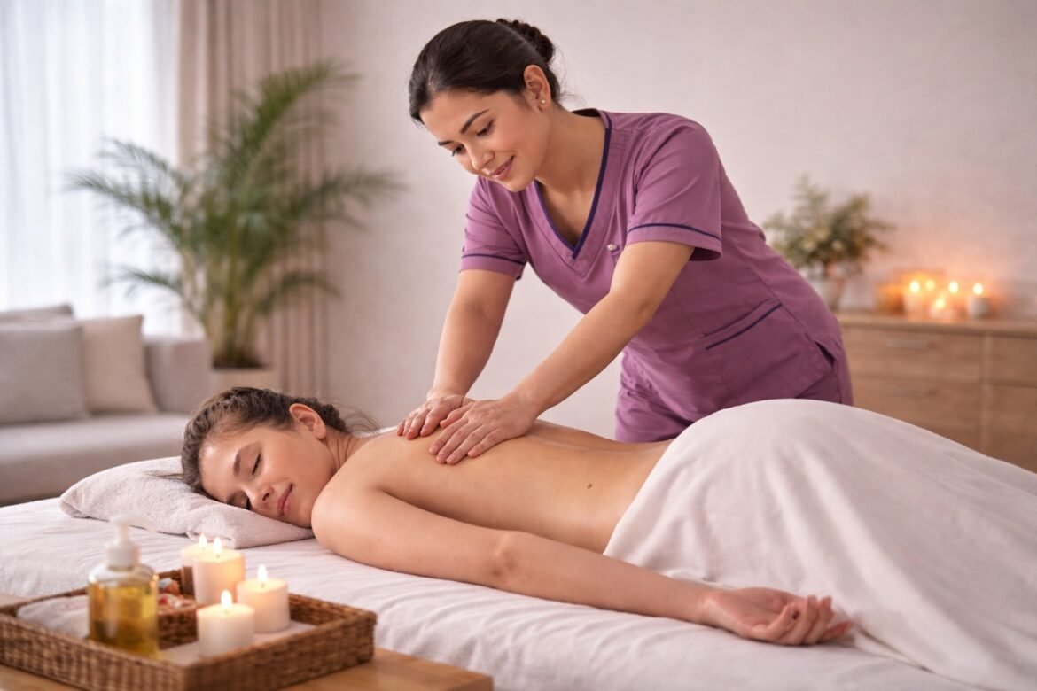 Relaxing massage therapy session performed by a licensed therapist in a calm home environment
