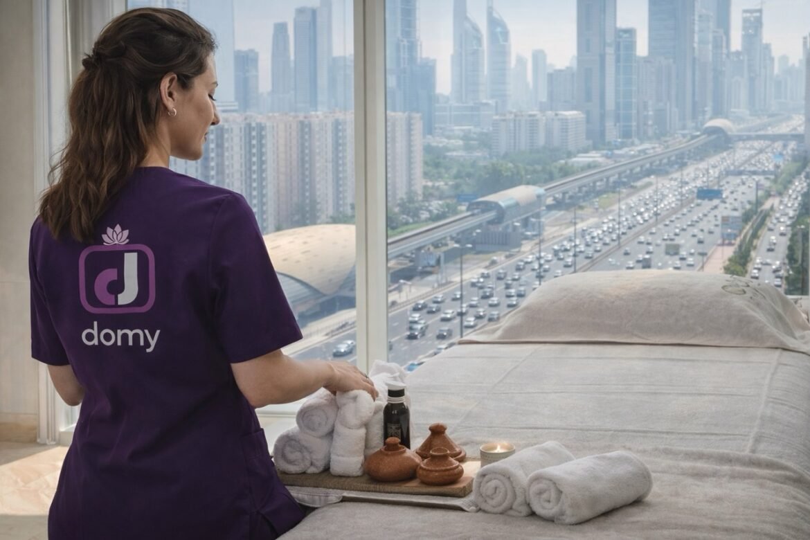 private spa at home in dubai professional therapist preparing massage setup with city view