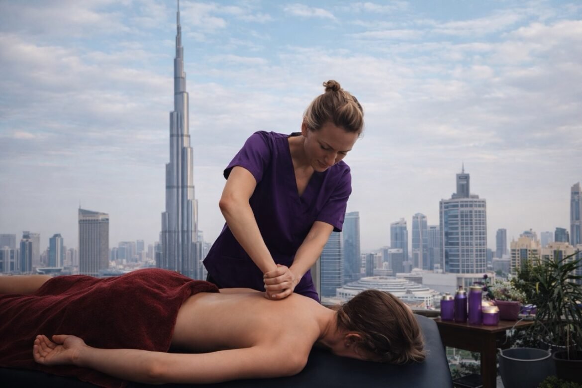 spa experience at home booking in Dubai with certified therapist delivering controlled massage session with Burj Khalifa skyline