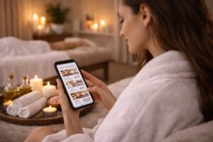 Client reviewing spa session at home price on mobile while enjoying a prepared home spa environment