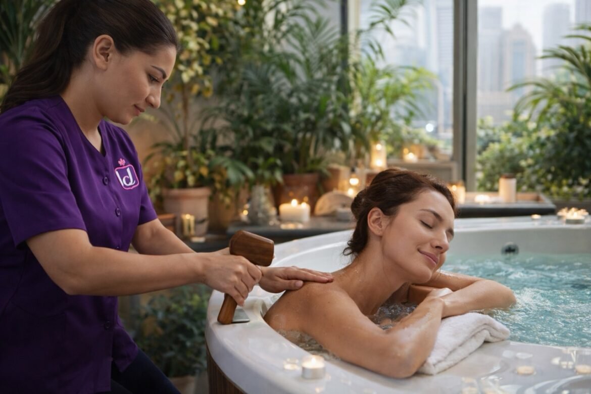 certified therapist providing a relaxing home spa treatment with professional care and hygiene