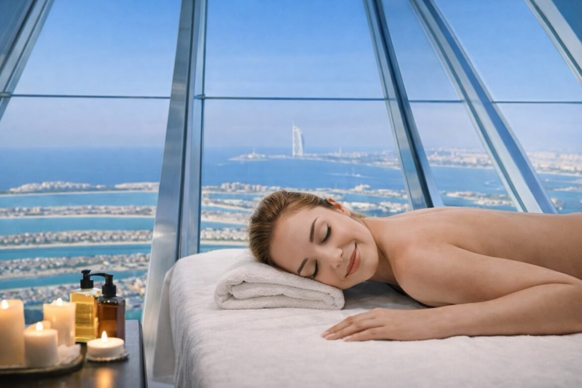 wellness booking dubai showing calm professional massage session with city skyline highlighting controlled and consistent care