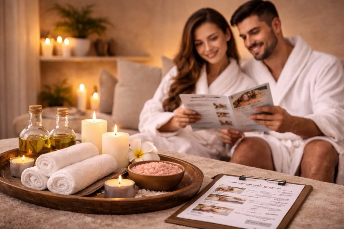 Wellness packages Dubai for couples reviewing spa options together at home in a calm private setting