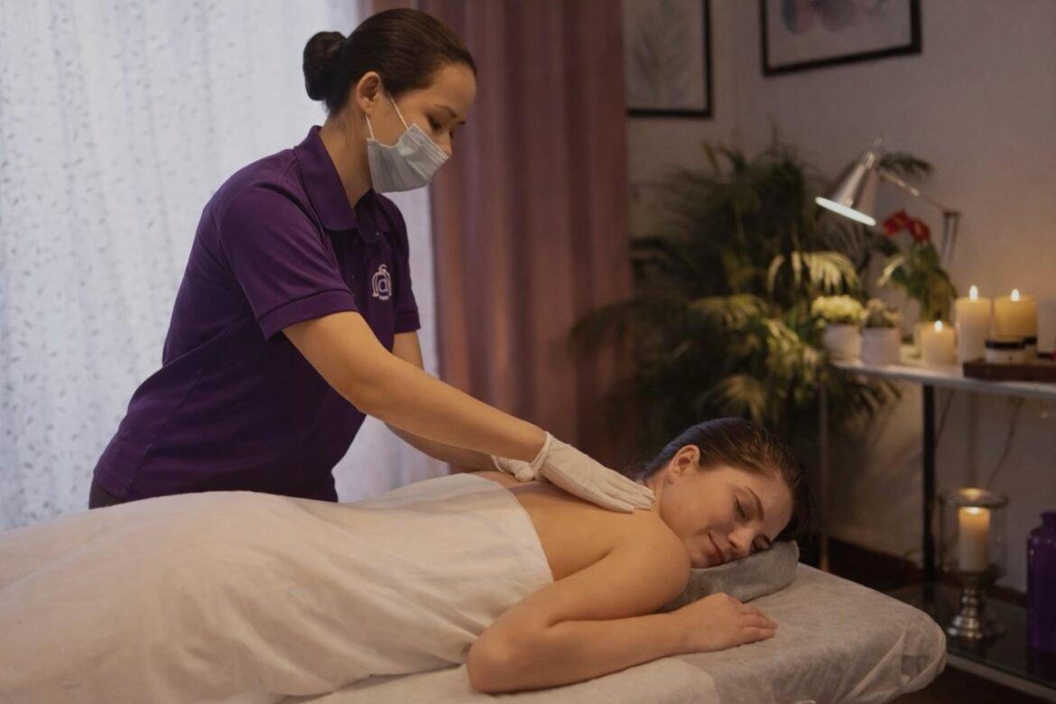 professional massage therapist in Dubai wearing protective mask during home massage session