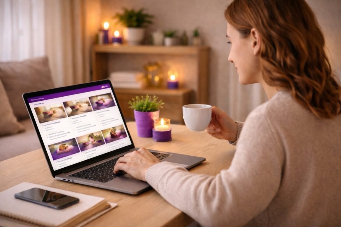 relaxation services booking showing a calm online spa booking process at home with clear service options